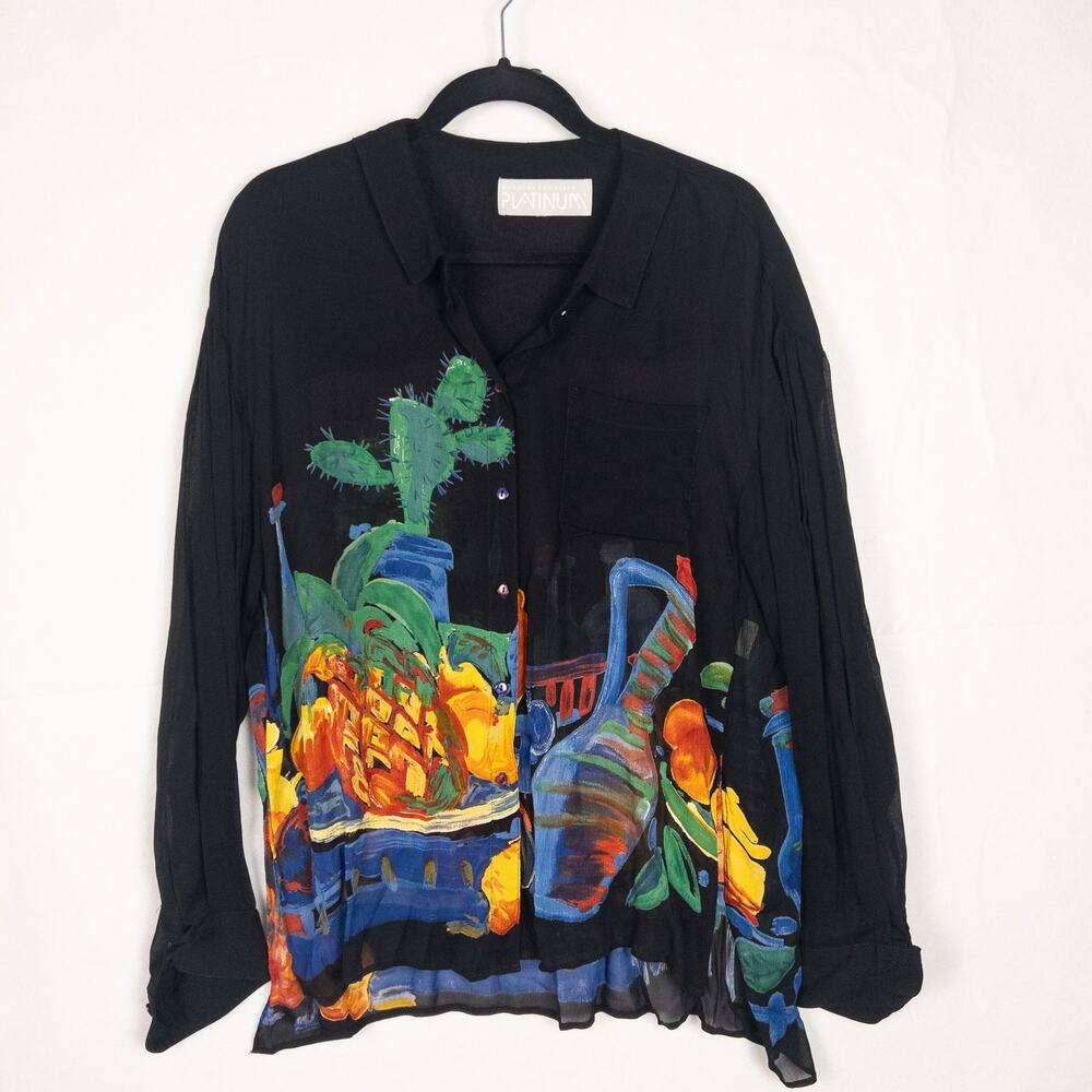 Vintage Dorothy Schoelen Platinum Art to Wear Print Blouse Still Life Fruit